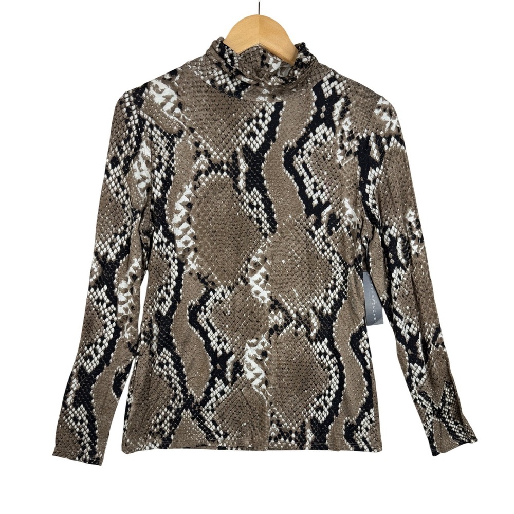 NWT Investments Essential Snake Print Mock Neck Long Sleeve size Small Brown/Bla